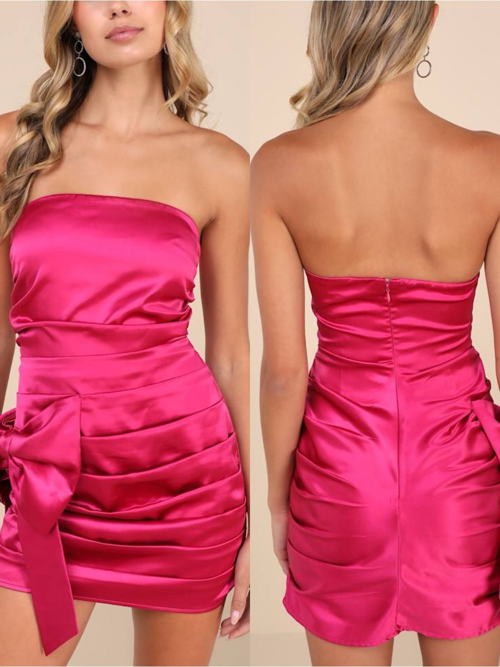 Lulus | Major Event Fuchsia Satin Strapless Ruched Bow Mini Dress